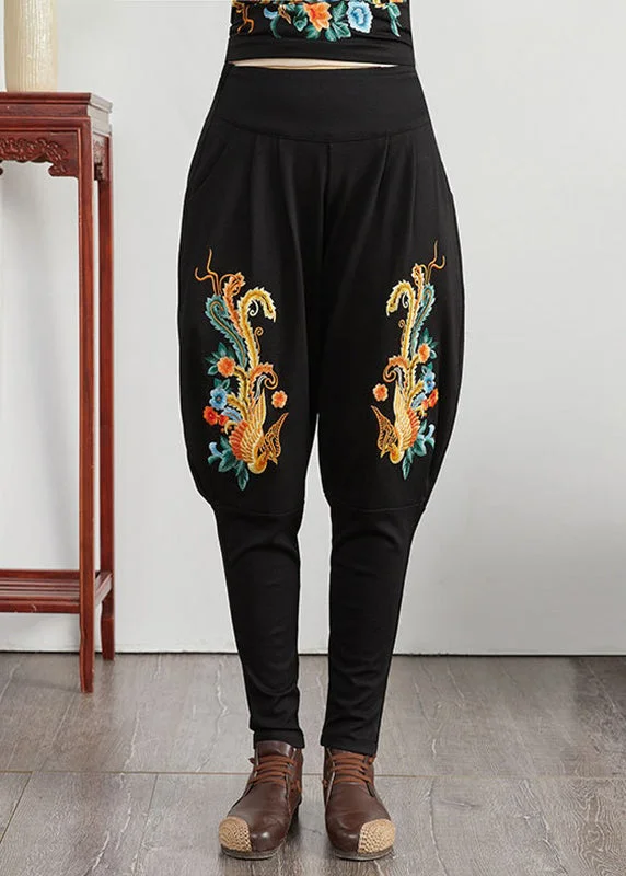 Price Smash Loose Phoenix Embroideried Pockets Patchwork Cotton Pants Fall