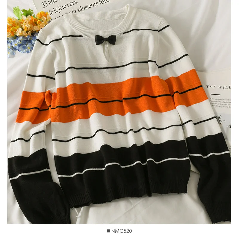 Unmissable Sale Contrast stitched striped bow Crew Neck Long Sleeve T-Shirt  2062