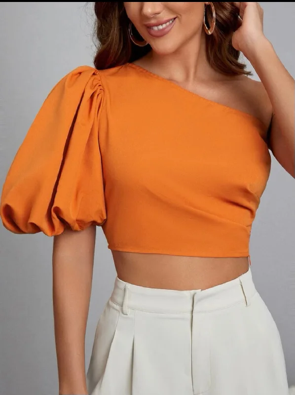 Grand Opening Sale Orange One Shoulder Crop Blouse