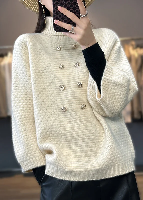 Can't Beat French Beige Turtleneck Button Patchwork Sweaters Bracelet Sleeve
