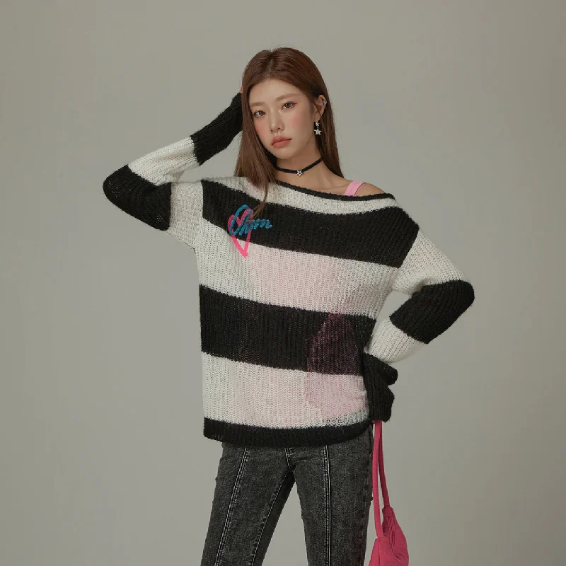 Super Deal Off-Shoulder Loosefit Maxi Stripes Sweater