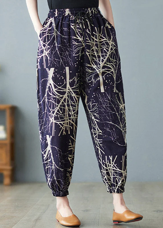 Mega Discount Women Navy Elastic Waist Print Harem Pants Summer