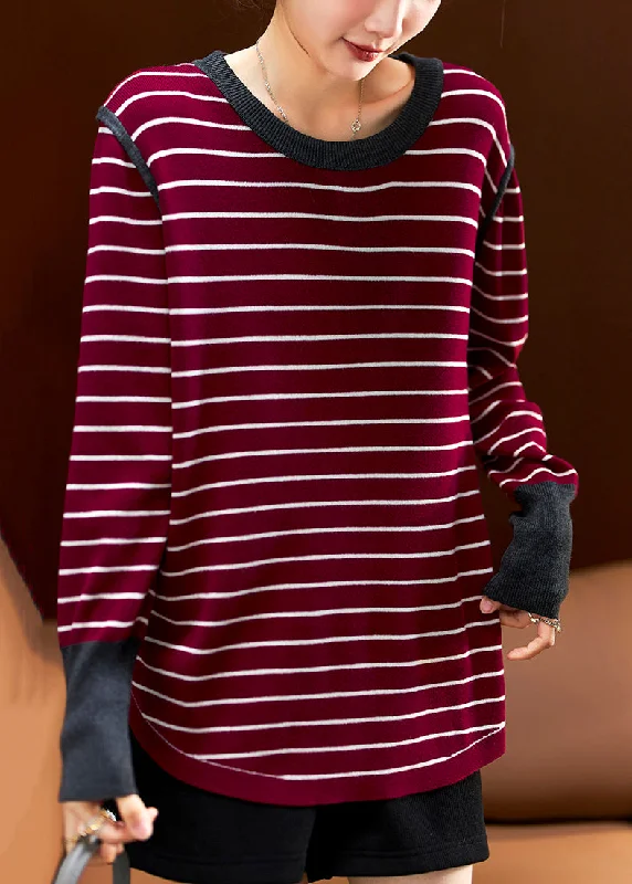 Markdown Madness Plus Size Wine Red Striped Patchwork Cotton Knit Tops Spring