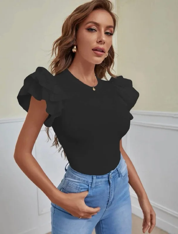 Exclusive Offer Black Ruffle Sleeved Body Suit
