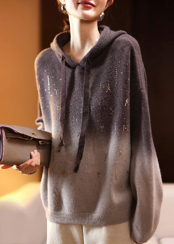 Extra Savings Loose Coffee Gradient Color Hooded Zircon Cotton Knit Top Spring