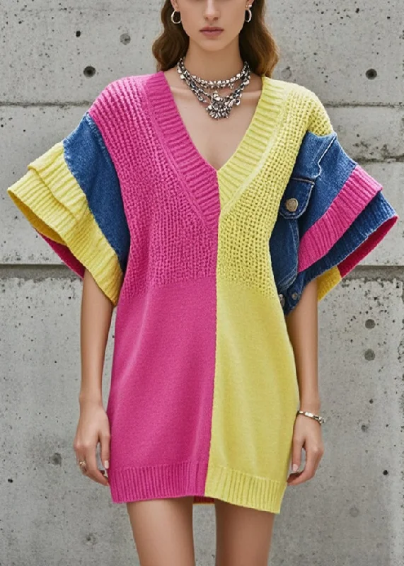Super Deal Rose Patchwork Knit Sweater V Neck Butterfly Sleeve