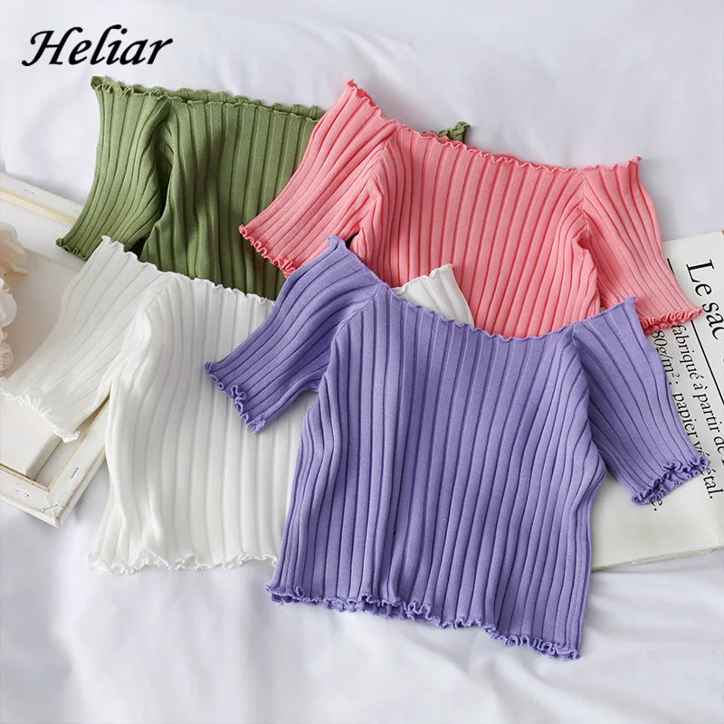 Weekend Deal HELIAR Women T-shirt Off Shoulder Knitting Crop Tops Women Fashion Solid Short Sleeve Skinny T-shirts Women 2020 Summer