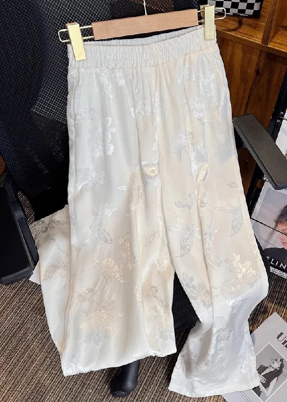 Limited Edition Boutique White Elastic Waist Jacquard Patchwork Silk Wide Leg Pants Summer