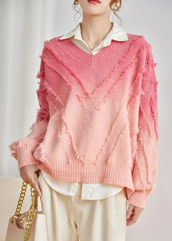 Act Now Fashion Pink V Neck Gradient Tasseled Knit Sweater Top Spring