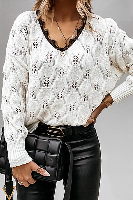 Deep Discounts Casual Patchwork Lace Hollowed Out V Neck Tops