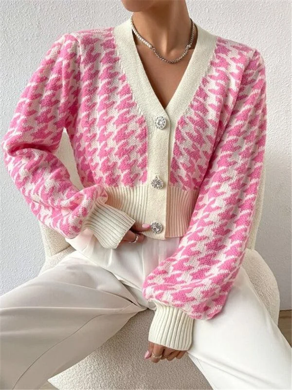 Special Savings Houndstooth Lantern Sleeve Cardigan Sweater