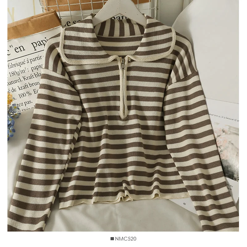 Major Savings Autumn winter zipper doll neck stripe slim knit  2080