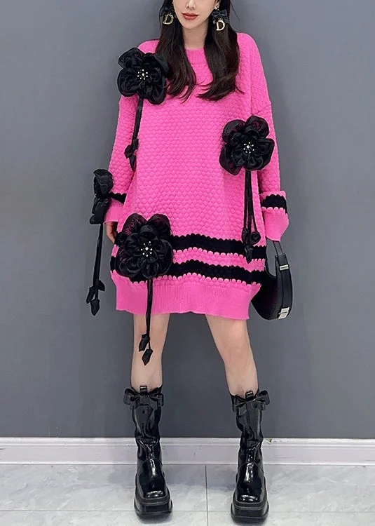 Time-Limited Offer Floral Rose O Neck Patchwork Cotton Knit Sweaters Long Sleeve
