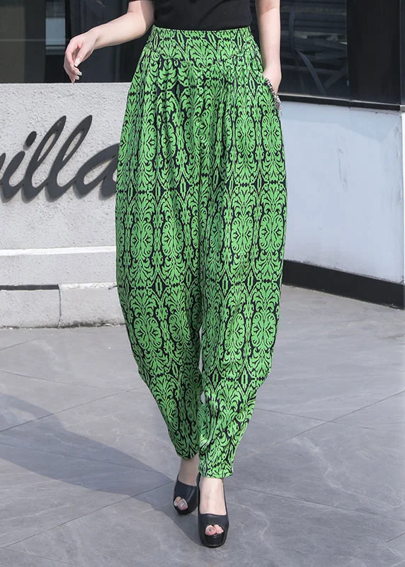 Discount Deals Women Grass Green Pockets Print Chiffon Lantern Pants Summer