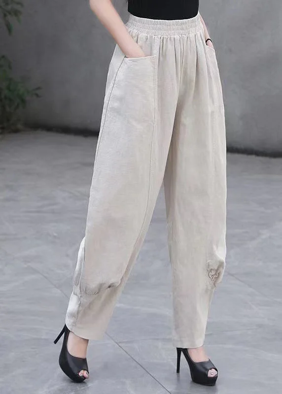 Super Discount Plus Size Beige Pockets Elastic Waist Linen Pants Summer