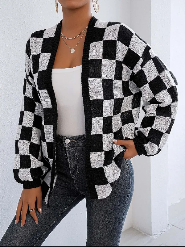 Weekend Specials Just for You Checkered Open Front Long Sleeve Cardigan