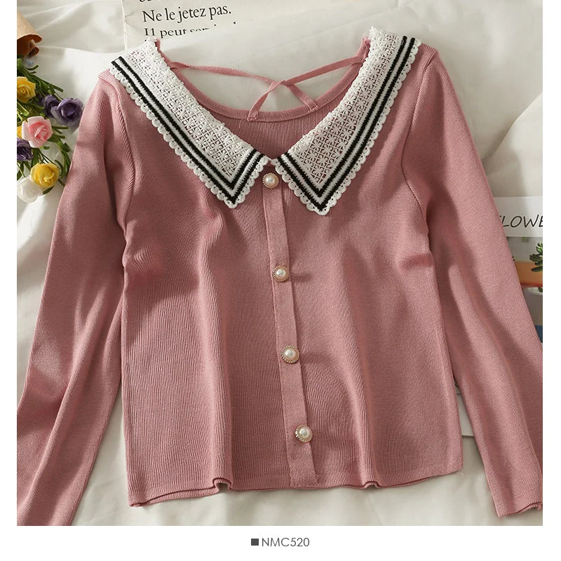 Reduced Prices Cut out contrast stitching stripe Lapel backing blouse women's  2078