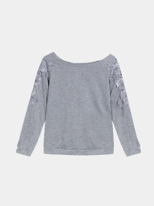 Limited Offer Custom Round Neck Lace Long Sleeve Grey Fashion T-Shirts