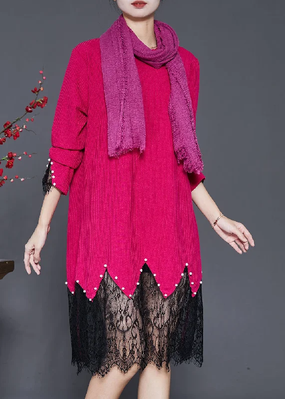Unmissable Sale Fashion Rose Lace Patchwork Nail Bead Knit Dresses Spring