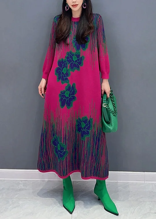 Weekend Discounts You Deserve Elegant Rose O Neck Print Cozy Knit Dress Long Sleeve