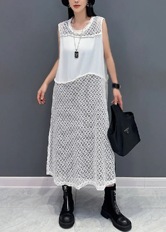 Hot Deal Elegant White O Neck Hollow Out Knit Dress Sleeveless