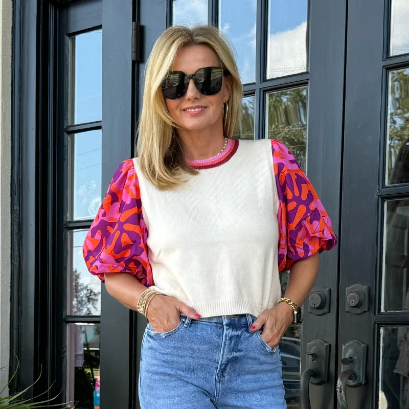 Super Deal Trina Top | Cream with Colorful Sleeves