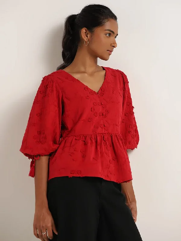 New Deal LOV Red Embroidered Cotton Top