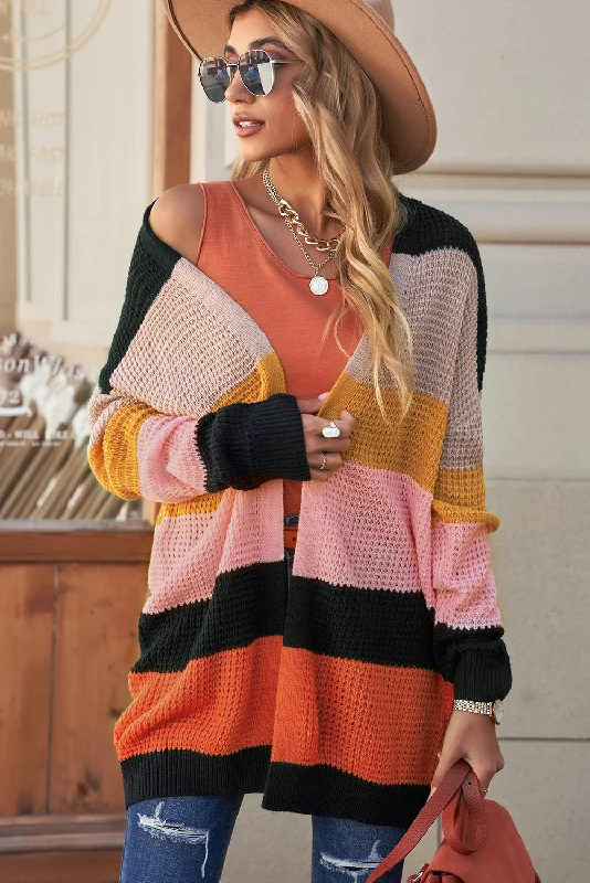 Quick Deals Waffle Knit Striped Open Front Cardigan