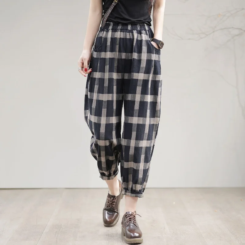 Bonus Offer Women Spring Casual Loose Cotton Plaid Harem Pants