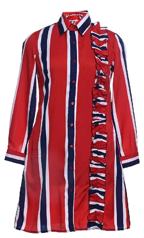 Deal Alert Basic Red Stripe Printed Button Down Tunic With Pockets