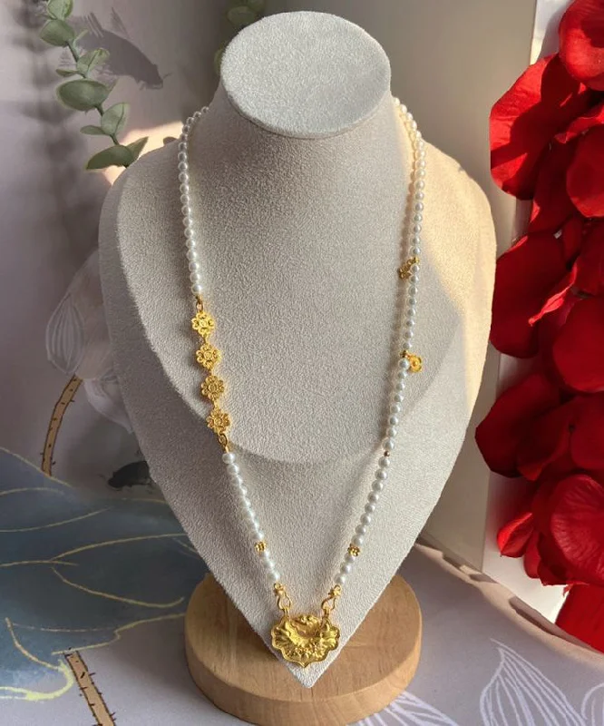 Closeout Deal Chinese Style White Sterling Silver Overgild Pearl Floral Ruyi Lock Sweater Pendant Necklace