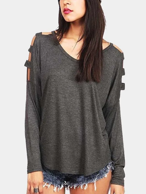 Weekend Bargains to Relish Custom V-Neck Cold Shoulder Cut Out Long Sleeve T-Shirts