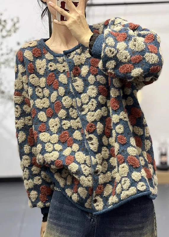 Weekend Deal Stylish Blue O Neck Jacquard Plus Size Knit Sweaters Coats Fall