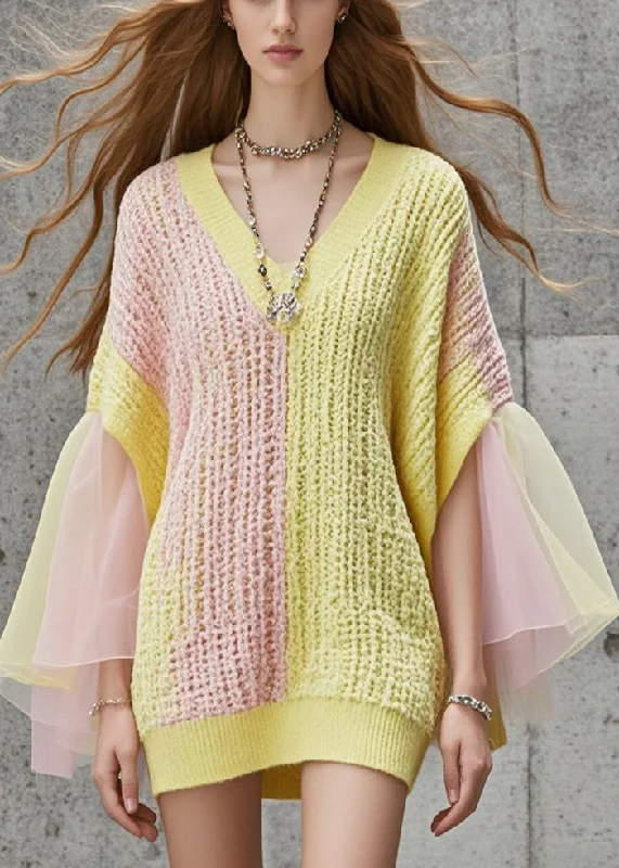 Limited Offer French Colorblock V Neck Patchwork Tulle Sweater Dress Fall