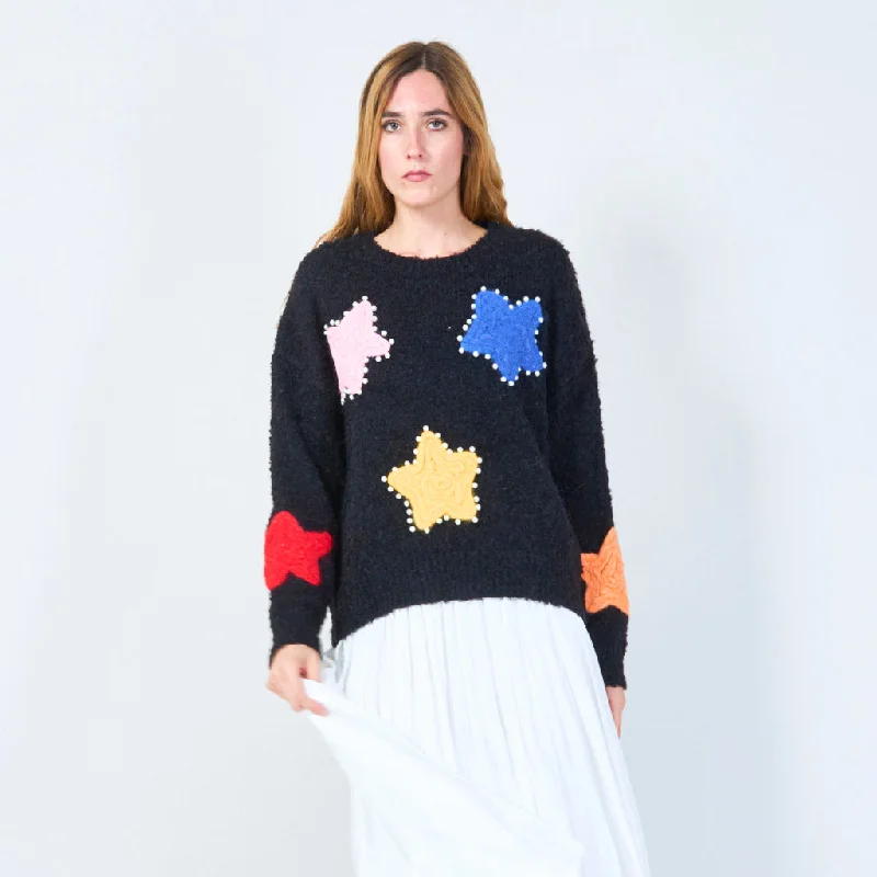 Weekend Savings Bonanza Knit sweater with star appliqués and pearl accents wholesale