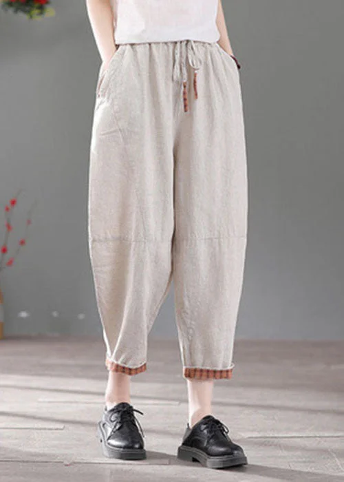 Weekend Specials You Can't Miss White Patchwork Linen Harem Pants Elastic Waist Drawstring Fall