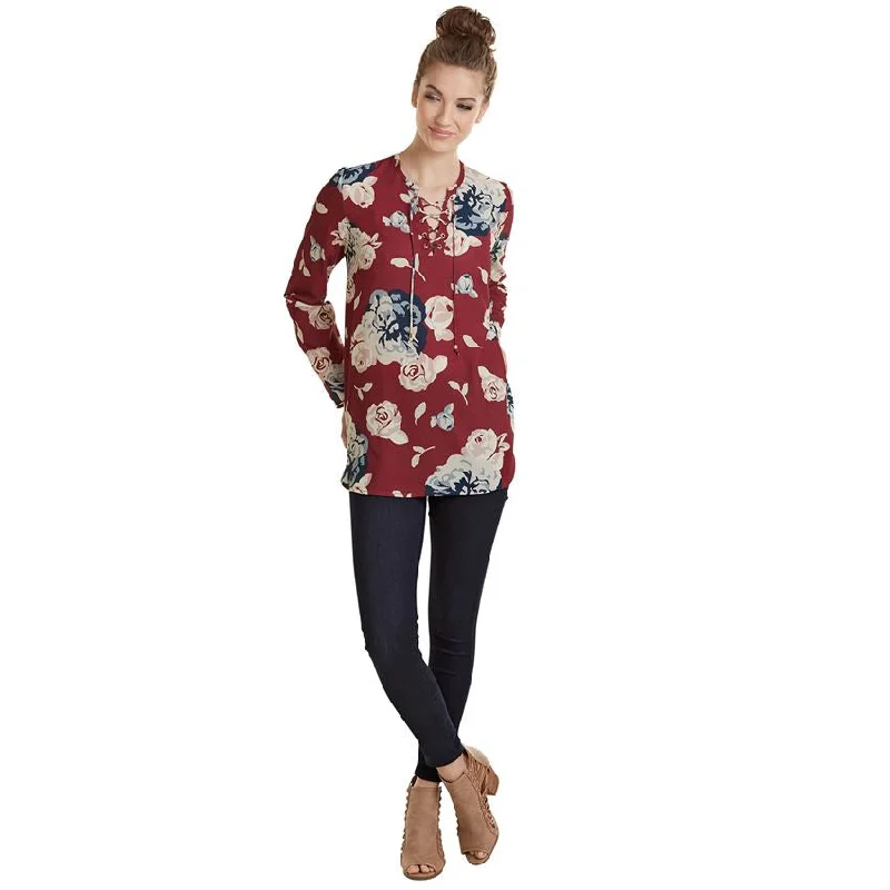 Midnight Madness Rosalie Lace-Up Top in Berry Floral