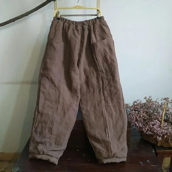 Quick Deals Women Thick Wide Leg Pants Elastic Waist Linen Vintage Female Pants