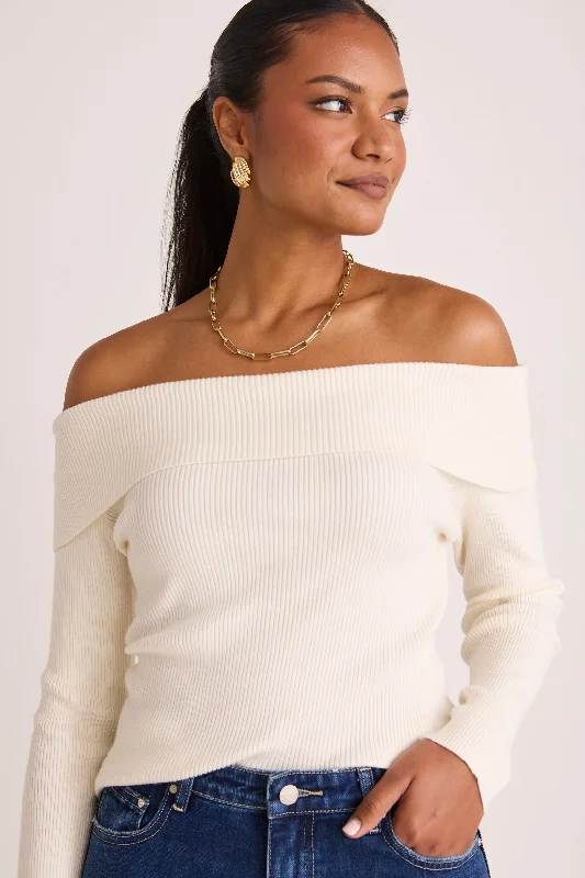 Stock Up Sasha Winter White LS Off Shoulder Rib Knit Top