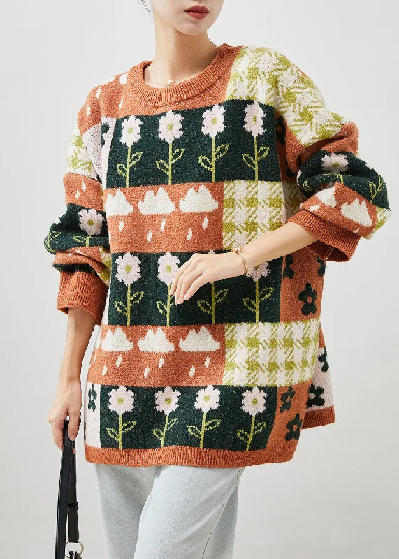 Weekend Savings Sensation French Khaki Print Chunky Knit Short Sweater Winter