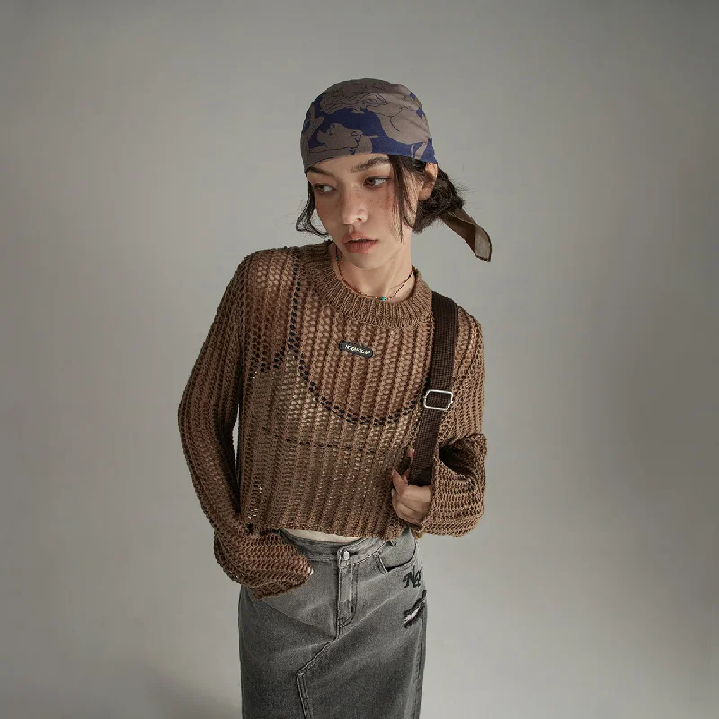 Reduced Rates See Through Crop Knit Long Sleeve Sweater