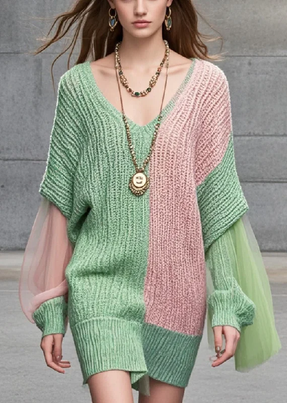Sale Alert Unique Colorblock Asymmetrical Patchwork Tulle Long Sweater Batwing Sleeve