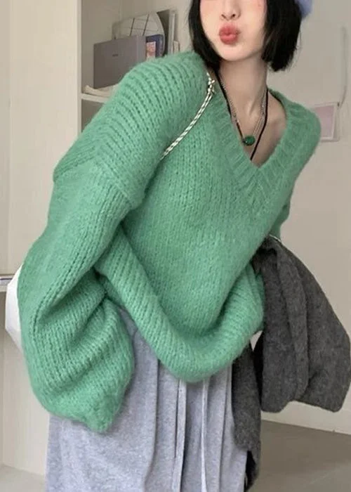While Supplies Last Women Green V Neck Solid Cotton Knit Sweaters Long Sleeve