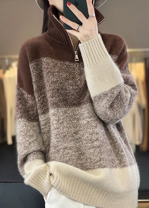 Clearance Items French Brown Zip Up Patchwork Cozy Cotton Knit Sweaters Long Sleeve