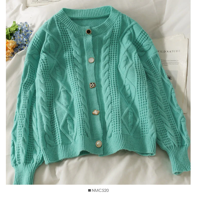 Buy Today Sweater women's T-neck cardigan top loose and thin, versatile linen pattern long sleeve sweater  2069