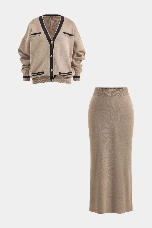 Weekend Savings Bonanza Knit Button Pocket Long-Sleeve Cardigan  And Skirt Set