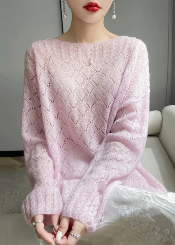 Price Drop Italian Pink O Neck Hollow Out Cozy Knit Sweaters Spring