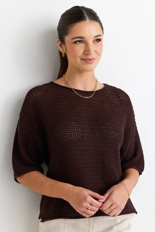 Midnight Madness Sunrise Chocolate SS Crochet Knit Top