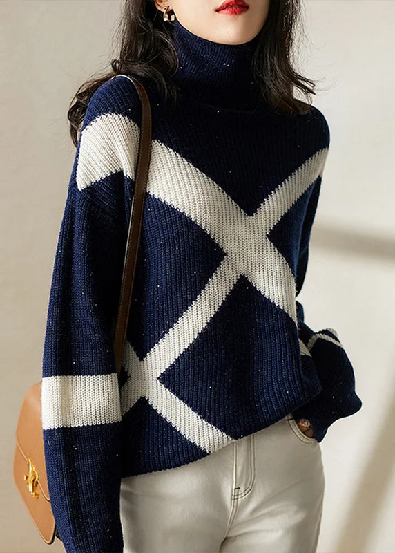Fantastic Savings Chic Navy Turtleneck Cozy Wool Sweaters Long Sleeve