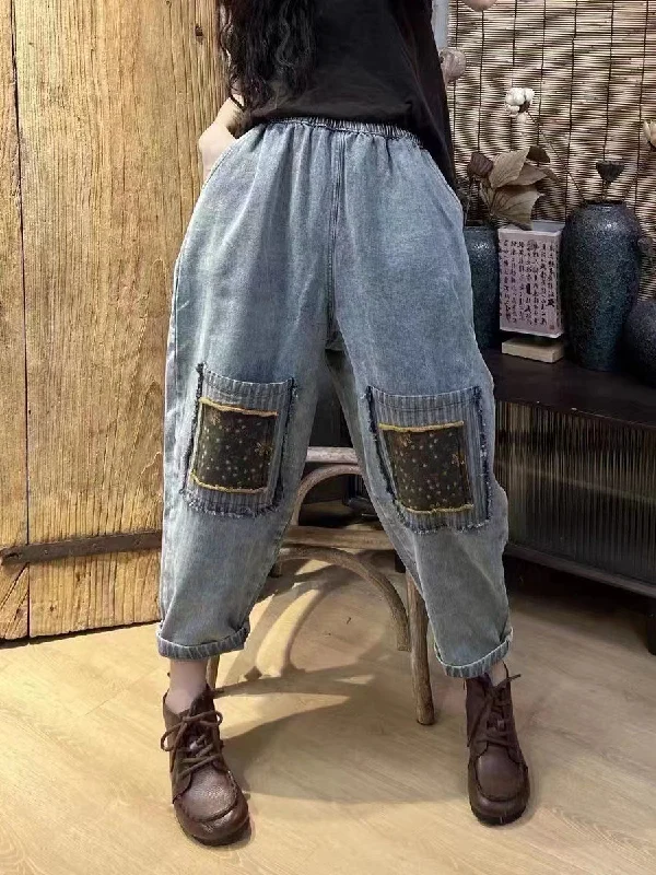 Weekend Extravaganza: Shop Now Women Artsy Patch Spliced Pocket Denim Pants